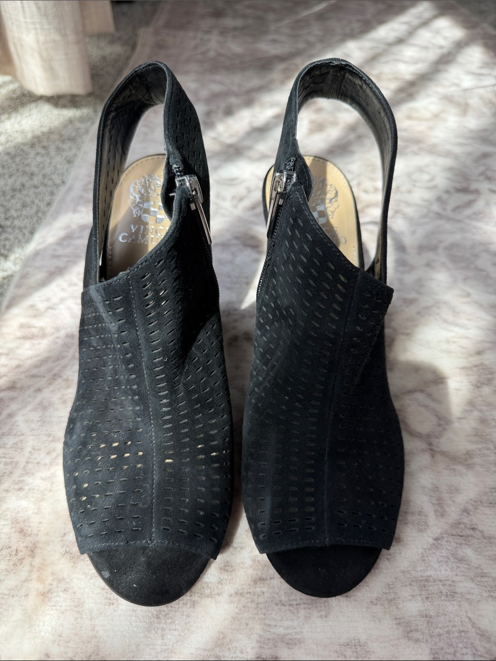 Vince Camuto Black Perforated Suede Peep-Toe Slingback Heels